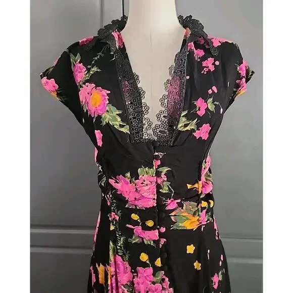 Free People Womens Size 4 Boho Alora Floral Lace Collared Cap Sleeve Mini Dress - Picture 5 of 7